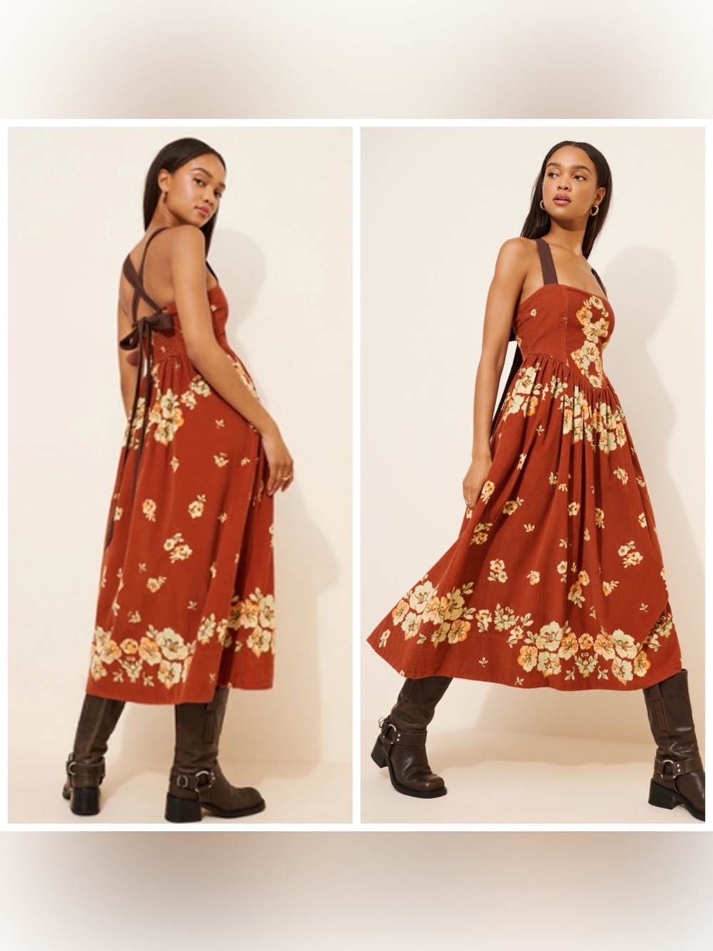 Free People Until Dawn Midi Dress Floral Orange Corduroy XS